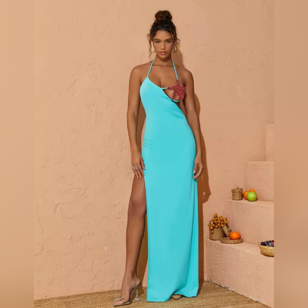 Turquoise Halter Maxi Dress W/ Starfish Detail